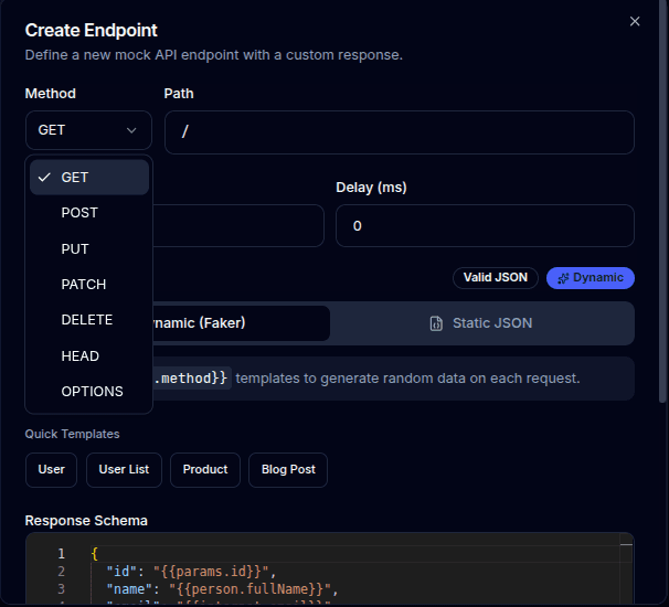 Defining API endpoints with HTTP method badges
